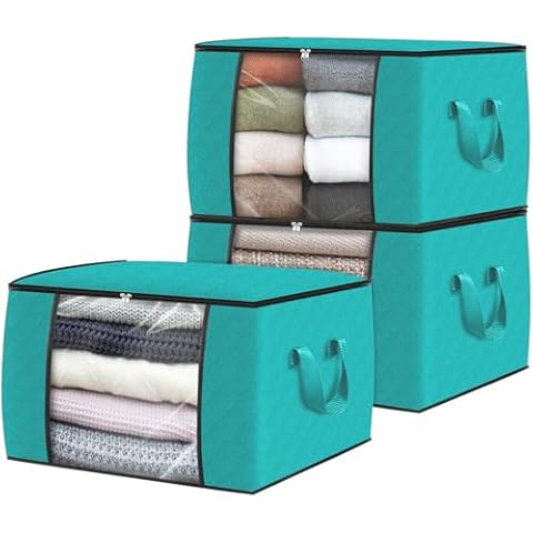 Fab totes 8 Pack Clothes Storage, Foldable Blanket Storage Bags, Storage Containers for Organizing Bedroom, Closet, Clothing, Comforter, Organization and Storage with Lids and Handle, Blue Cover
