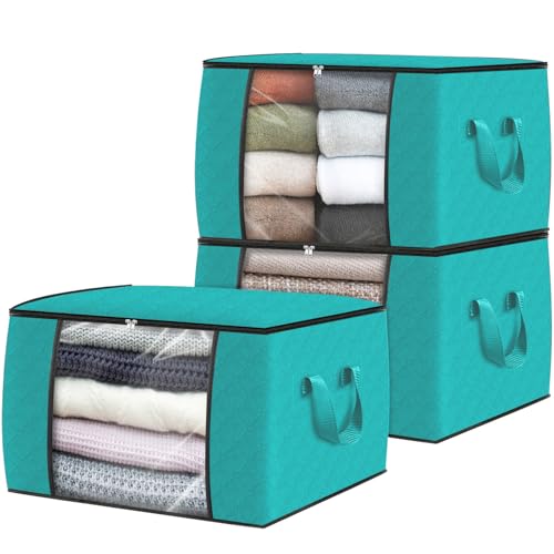 Fab totes 3 Pack Clothes Storage, Foldable Blanket Storage Bags, Storage Containers for Organizing Bedroom, Closet, Clothing, Comforter, Organization and Storage with Lids and Handle, Green