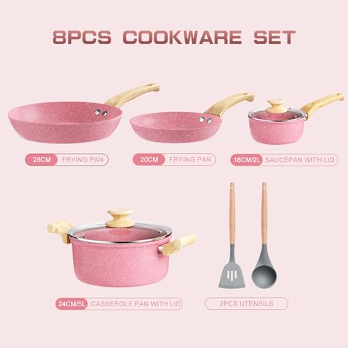 Innerwell Antihaft Topfset 4-teilig, Set mit 2 Keramik Antihaftbeschichtung Bratpfannen Induktion, 2 Kochtöpfe mit Deckel, und Suppenlöffel & Spatel, Backofenfest, PFOA-frei, Spülmaschinenfest, Rosa