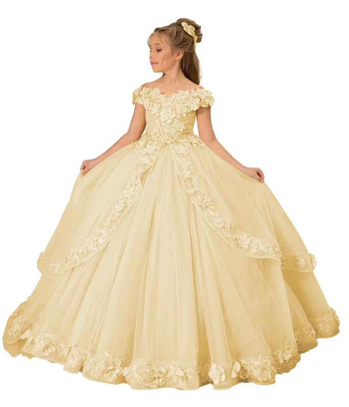 Flower Girl Dress Off Shoulder 3D Flowers Girls Ball Gown Tulle Long Pageant Dresses with Train