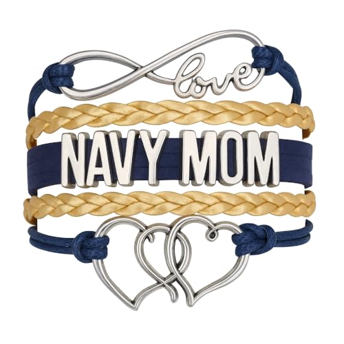 Infinity Collection Navy Mom Bracelet for Women – Multi-Strand Leather Wristband with Love and Heart Charms – Adjustable Handmade Jewelry Gift for Military Mothers