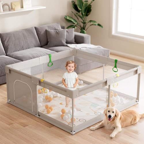 Julrrimg Laufstall Baby mit Matratze, 150x150 Laufgitter Baby mit Matte, Laufstall für Apartment, Laufgitter mit Atmungsaktivem Netz an Vier Seiten und Saugnäpfen
