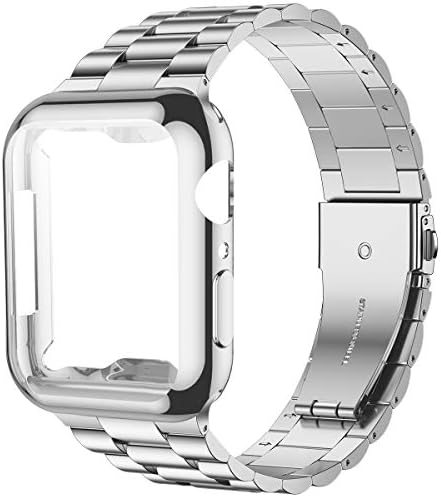 iiteeology Compatible with Apple Watch Bands 44mm Series 6 5 4 Se, Upgraded Stainless Steel Band with iWatch Screen Protector Case for Men Women Silver/Silver