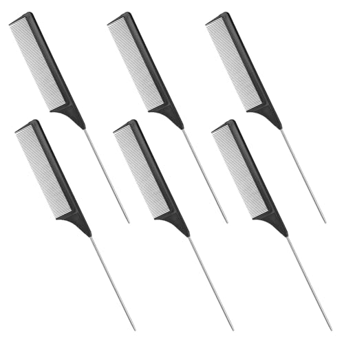 LIQWEI 6 peines de tallo de aguja, peine antiestático para peluquería, peine de fibra de carbono, mango de acero inoxidable, peine fino para diferentes tipos de cabello