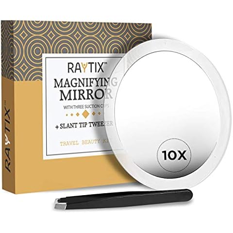 10X Magnifying Mirror & Slant Tweezers Set Makeup Application & Eyebrow Removal Essentials | Round Mirror With 3 Suction Cups & Stainless Steel Slant Tip Tweezer Use for Makeup Application 6 Inch Cover