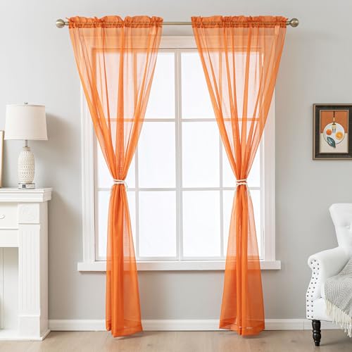 Image of Orange Sheer Curtains 108 Inches Extra Long, Privacy Semi Sheer Curtains for Living Room Bedroom, Light Filtering Rod Pocket Voile Window Drapes 2 Panels Set, Each 42 inch W x 108 inch L