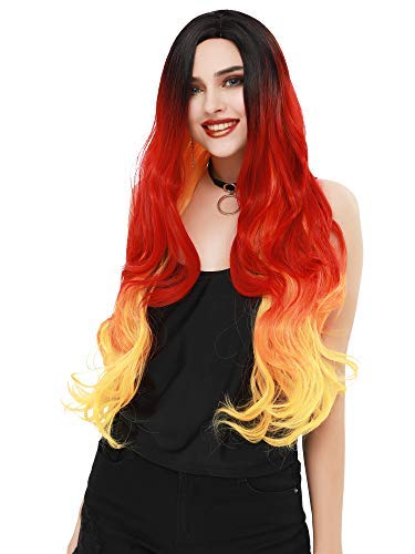 SEIKEA Women Color Wig Long Curly Hair Ombre with Root Girl Cosplay Costume Heat Resistant Synthetic Hairpiece (Red Orange)