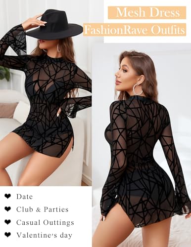 Avidlove Mesh Mini Dresses for Women Bell Sleeves Bodycon Turtle Neck Split Lingerie Dress Vacation Party Outfits Clubwear4