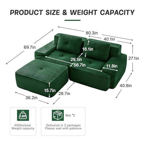 Image of 82 inch L Shaped Modular Boneless Couch with Movable Ottoman, 2 Seat, Soft Corduroy Fabric, Deep Seat Cloud sectional Sofa with Pearl Like Piping and Tufted Design, No Assembly, Anti Slip, Green