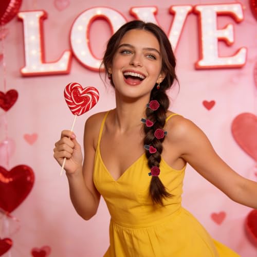 10 Piezas Pequeñas Pinzas de Terciopelo Rojo para el Cabello, clips de aligátor decorativos con forma de rosa y corazón, accesorios retro para el cabello para mujeres miniatura 7