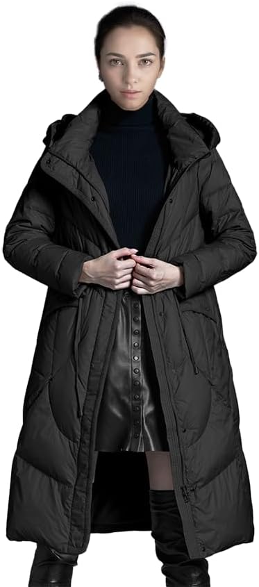 Women's Down Jacket Winter Long Coat Hooded Stand Collar Parka, Black, XL.