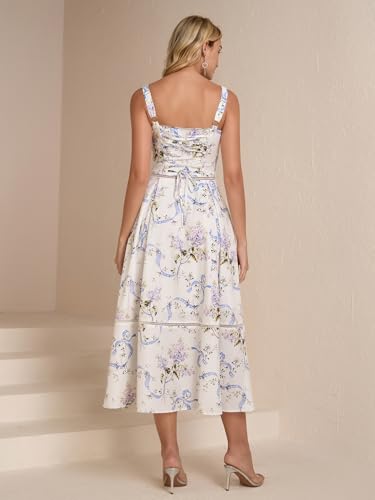 KUTUMAI Floral Corset Midi Dress Lace Up Cutout Flowy Summer Wedding Guest Dresses for Women Sundress with Pockets3