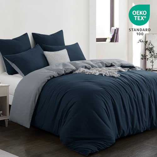 Aisbo Super King Size Duvet Cover Set - 3Pcs Reversible Bedding Bed Set Navy Blue and Grey Superking Soft Brushed Microfiber Quilt Cover with 2 Pillowcases 50x75cm