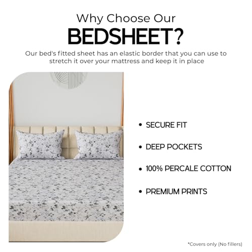 Image of LINENWALAS 100% Cotton 200 TC Single Fitted Sheet with Pillow Cover | 360 Elastic Bedsheet with 4-8 inch Deep Pocket - Soft Breathable Bedding (36x78 inch, Smoky Florals)