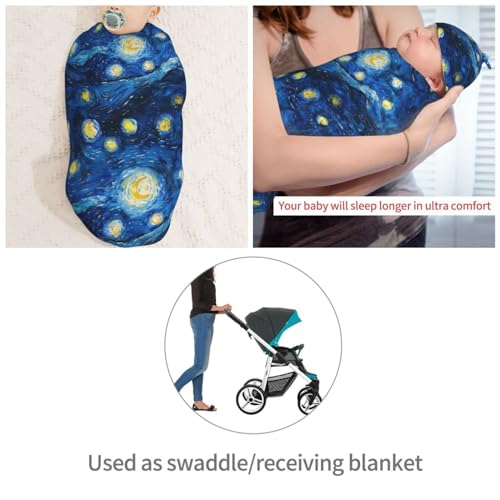 Image of Starry Sky Watercolor Painting Newborn Swaddle Blankets Hat Sets Soft Baby Receiving Blanket Swaddle Sack for Baby Shower Infant Boy Girl Gift