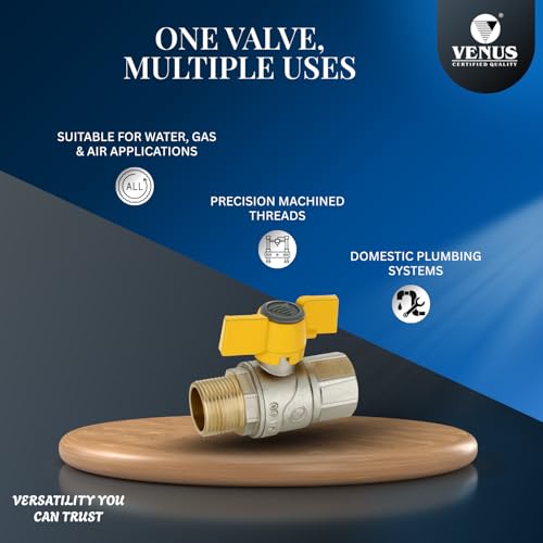 Image of VENUS Brass Ball Valve A207 1 /2 inch M-F | Heavy Duty Solid Brass with Aluminium Wing Handle | Leak Proof, Easy Quarter Turn for Water, Gas & Air Lines