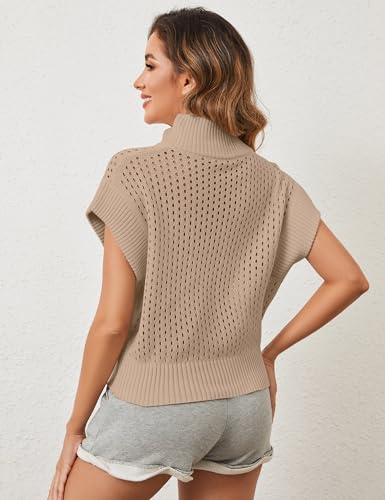Image of Womens Spring Cap Sleeve Crochet Sweaters Loose Fit Quarter Zip Lightweight Hollow Out Beach Vacations Clothes