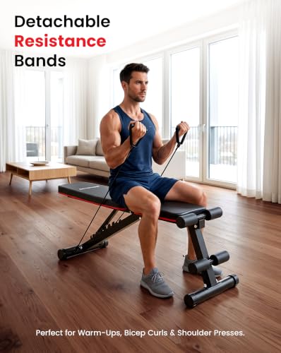 Image of Sparnod Fitness SWB-59 Adjustable Weight Bench with Resistance Bands, Incline, Flat & Decline Bench, Heavy-Duty Steel Frame, 200 kg Max User Capacity, Home Gym Strength Training Bench