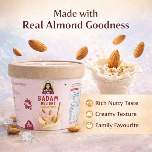 Image of Nairuti Vyutpadan Badam Delight Milkshake Premix Powder 150g | Healthy Banana Dry Fruit Mix with Almonds, Rock Sugar | No Preservatives | Instant Badam Shake Powder for Kids & Adults | Ready In A Minute - Milkshae Premix