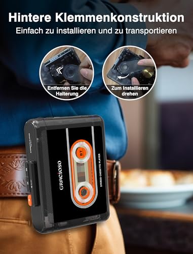 Gracioso Kassettenband, Bluetooth-Kassettenrekorder mit 1100 mAh wiederaufladbarem Akku, kompakter Vintage-Kassettenrekorder mit Kopfhörer, Mini-Kassettenrekorder mit Clip (Schwarz)