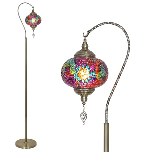 LAMSU Turkish Moroccan Floor Lamp Swan Neck Tiffany Lamp with Handmade Mosaic Glass Shade Bronze Base 65 Tall Standing Lamps for Living Room Bedroom Home Decor Light Colorful
