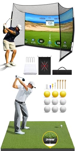 Golf Mat 31mm + Golf Simulator Net 11x8ft, All-in-One Golf Net and Golf Mat Setup