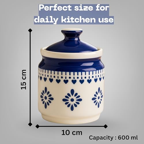 Image of Classyo Ceramic Storage Containers - 600 ml, Salt Container, Pickle Jar with lid, Ceramic Jars for Kitchen Storage for Achar and Namak (Blue Floral, Set of 1)