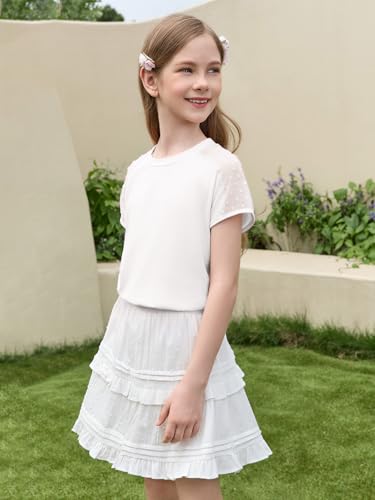 Image of Haloumoning Girls Summer Swiss Dot Short Sleeve T-Shirts Kids Crewneck Tops Cute Fashion Tees 5-14 Years
