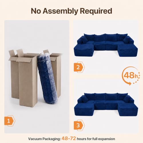 Image of Claiks 132 inch Boneless Couch, U-Shape Corduroy Sectional Sofa, Blue