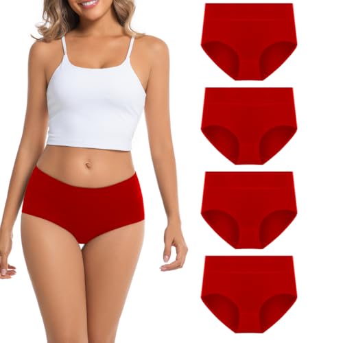AMZCHPC Women's Cotton Underwear Mid Waisted Brief Style Underpant (4 Pack) (Large,Red)