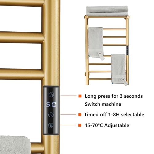 Electric Heated Towel Rack, Built-in Timer with Led Indicators | Timer Modes: 1 H to 8 H, Gold 7-Bar Wall Mounted Towel Warmer with Top Shelf, 70W Heated Towel Warmer, Hardwired