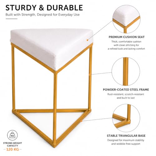 Image of Modern Velvet Triangular Vanity Stool with Gold Metal Frame | Upholstered Makeup Chair for Dressing Table | Accent Seating for Bedroom, Living Room & Home Decor- Cream