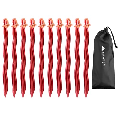 TRIWONDER Tent Stakes Heavy Duty Metal Ground Pegs Camping Stake Tarp Anchors Tent Spikes Aluminum Outdoor Sand Garden Camping Accessories for Beach (Red - Swirled Shape - 9.84 Inches - 10 Pack)