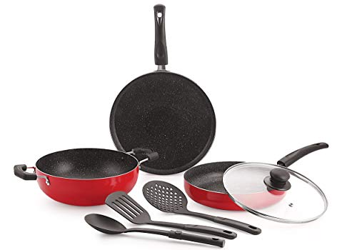 Image of Nirlon Ruby Granite 7-Piece Aluminium Non Stick Cookware Gift Set with Glass Lid & 3 Spoon (Color-Red) (Compatible with All Gas & stovetops Only)