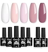 TOMICCA Lot de 5 vernis à ongles UV avec base &amp; No Wipe Top Coat, blanc violet rose ongles ...