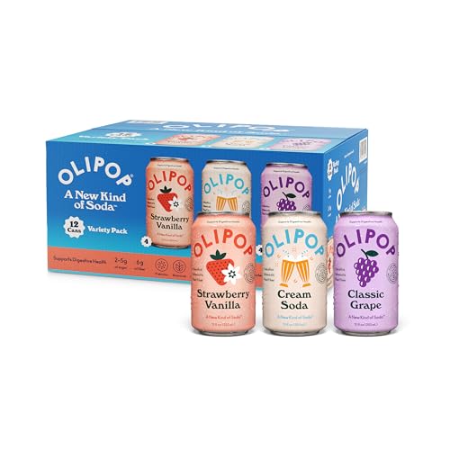 OLIPOP Prebiotic Soda Pop, 3 Flavor Variety Pack, Prebiotics, Fiber, and Botanicals, Gluten Free, Vegan, GMO Free, 12oz (12-Cans)