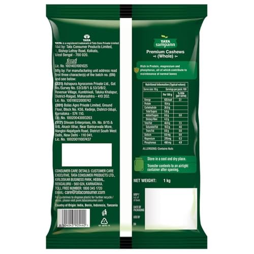 Image of Tata Sampann Pure Cashews Whole, Kaju, 1 Kg, Nutritious & Delicious, Rich In Protein, Magnesium & Phosphorus, Deluxe Size & Crunchy Nuts (Pack of 2)