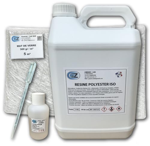Résine Polyester iso 5 Kg + 5 m² Tissu de verre 300 gr/m² + Catalyseur + Pipette dosage