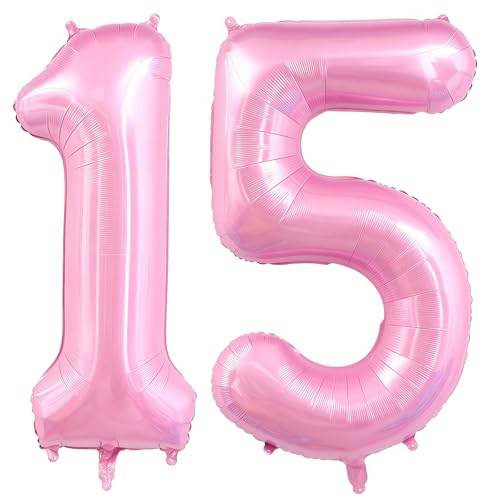Image of Pastel Pink 15 Balloon Number,40 Inch Light Pink 15 Balloons Large Helium Foil Mylar Number 15 Balloon for Birthday Party Anniversary Decorations