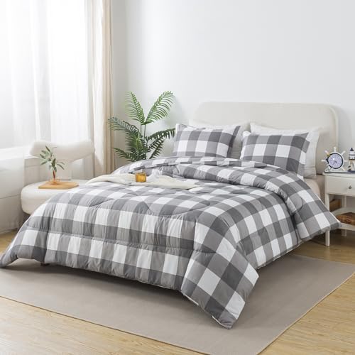 Image of Caressma Full Size Plaid Comforter Set, Gray Buffalo Check Bedding Set | Classic Gingham Pattern Print Soft Microfiber 3 Pieces Boy Comforter Bed Set with Pillowshams for All Seasons
