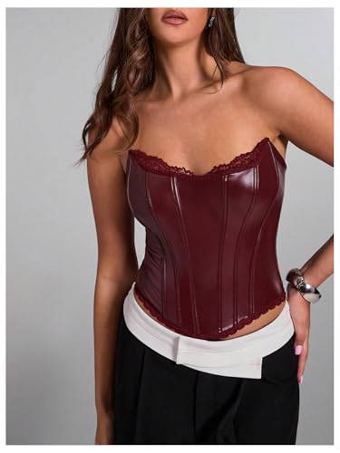 WDIRARA Women's PU Leather Corset Tube Top Lace Up Back Strapless Bandeau Bustier Crop Tops4