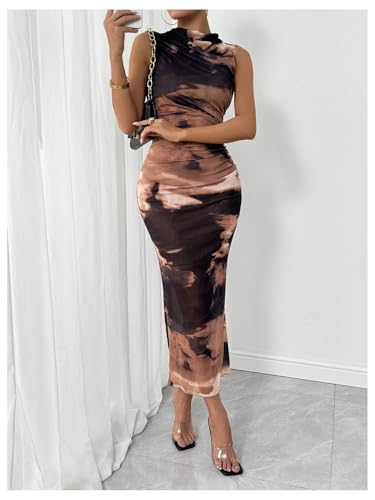 Image of Milumia Women's Printed Mock Neck Bodycon Maxi Dress Sleeveless Mesh Long Dress Party Cocktail