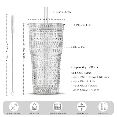 Image of INSETLAN 20oz Hobnail Glass Cups with Lids and Glass Straws - 4 Pieces, Thick-Walled Glass Tumblers for Iced Coffee, Smoothies, Milk, Water, Juice, and More - Elegant and Durable Drinking Glasses
