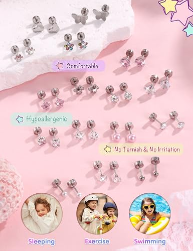 Image of CASSIECA 16 Pairs Hypoallergenic Screw Back Earrings for Women Girls 316L Stainless Steel CZ Ball Heart Flower Screwback Flat Back Stud Earrings Jewelry Gift Women Multicolored Pink