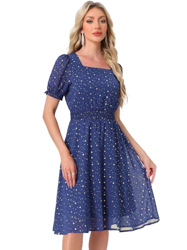 Image of Allegra K Party Midi Dress for Women Ruffle Short Sleeve Elastic Waist A-Line Metallic Star Dresses