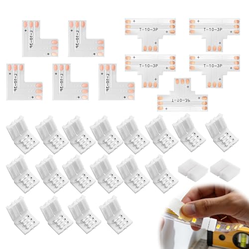 10PCS RGB LED Strip Connectors 3 Pin with 20Pcs Connector Clips 10mm Wide RGB Splitter Right Angle Corner Connector Solderless Gapless Adapter for SMD 5050 LED Strips(5 PCS T Shape + 5 PCS L Shape)