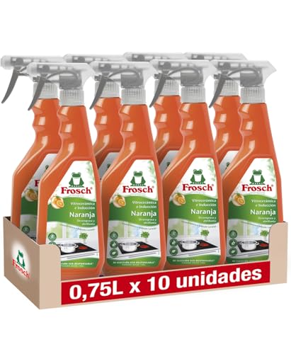 Frosch - Limpiador para Vitrocerámica y Placas de Inducción Ecológico Naranja Roja, Acción Protectora, Desengrasante y Brillante, Formato Spray - 10 Unidades x 750 ml