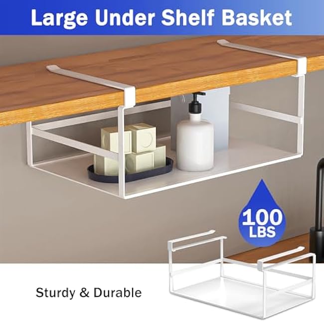 2 Pack Under Shelf Storage Basket Organizer Hanging Holder Metal Under Cabinet Organizer for Kitchen, Pantry, Desk, Bookshelf, Cabinet Slide-in Hanging Storage Basket(Large)