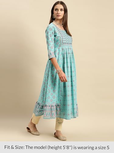 Image of rangita Light Blue Cotton Calf Length Printed Anarkali Kurti for Women | Kurta for Women