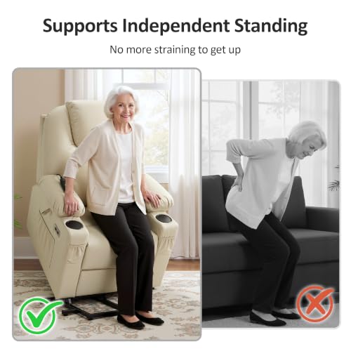 Image of MCombo Power Lift Recliner Chair for Elderly, Lift Chair with Heat and Massage, FSC Certified, USB Ports, Cup Holders, Faux Leather 7141 (Cream White, Small)